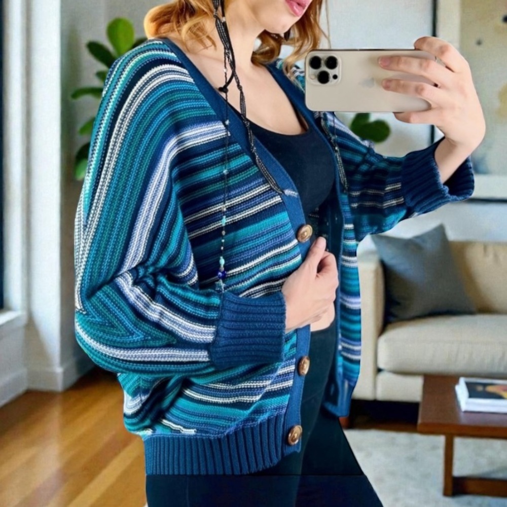 Payton Striped Blue Sweater dropped shoulder button front close 100% Cotton XL